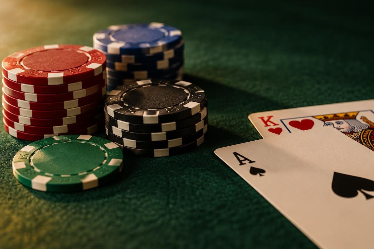 Żetony i karty na zielonym suknie stołu do blackjacka